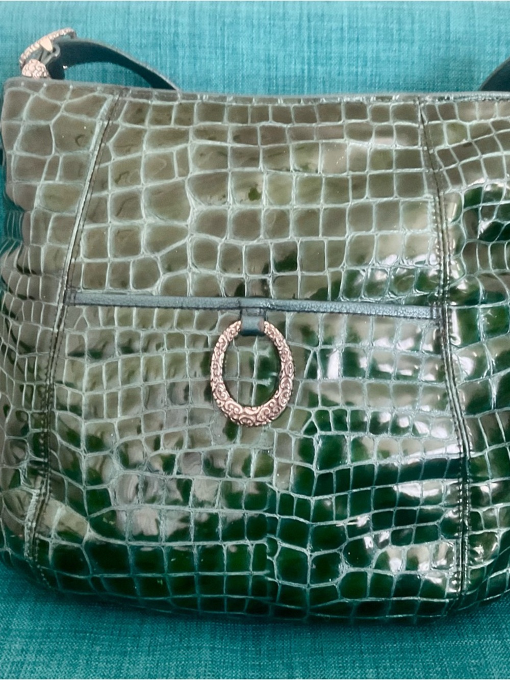 Green Patent Leather Brighton Classic Croc Embossed Shoulder Bag Purse